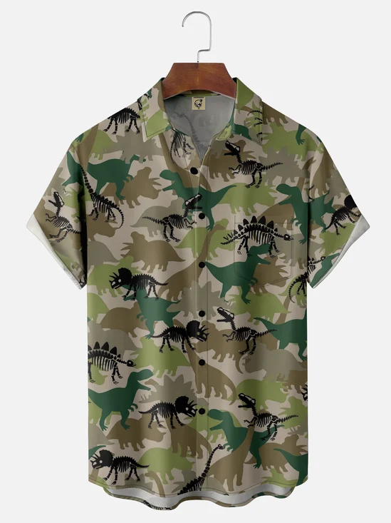 Moisture-Wicking Dinosaur Chest Pocket Hawaiian Shirt
