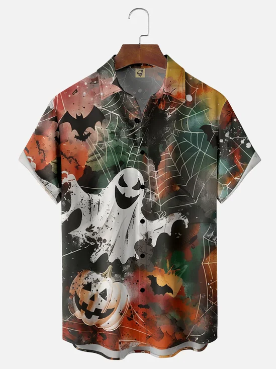 Moisture-Wicking Halloween Spooky Pumpkin Bat Spider Chest Pocket Hawaiian Shirt