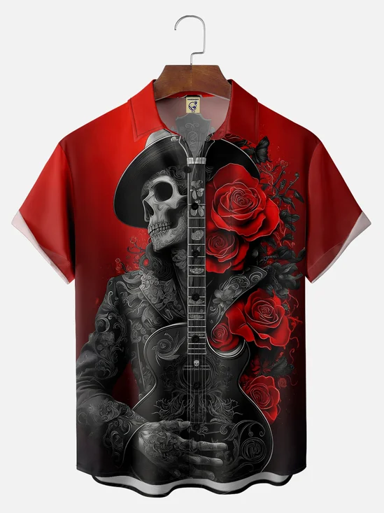 Big Size Moisture-wicking Rock Skull Music Guitar Chest Pocket Casual Shirt