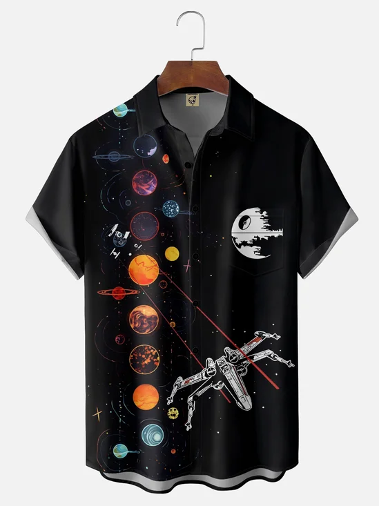 Moisture-wicking Stars Spaceship Universe Chest Pocket Casual Shirt