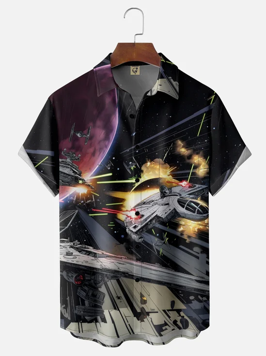 Moisture-wicking Star Spaceship Universe Chest Pocket Casual Shirt