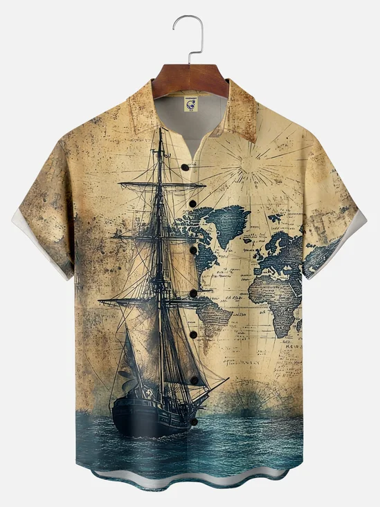 Big Size Moisture Wicking Vintage Map Sailboat Chest Pocket Hawaiian Shirt