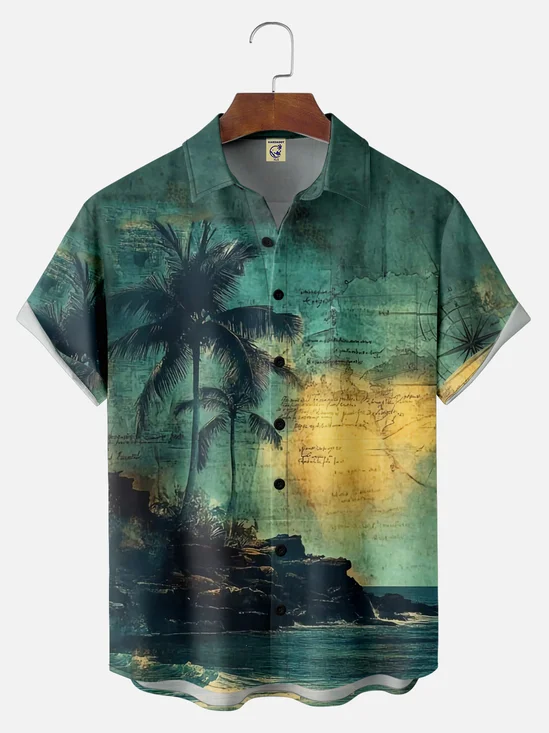 Big Size Moisture Wicking Vintage Distressed Map Coconut Tree Chest Pocket Hawaiian Shirt