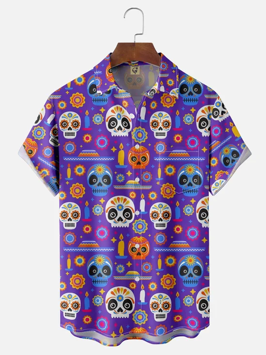 Moisture-wicking Mexican Day of the Dead Skull Chest Pocket Casual Shirt