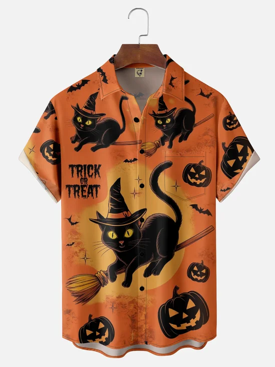 Moisture-wicking Black Cat Chest Pocket Casual Shirt