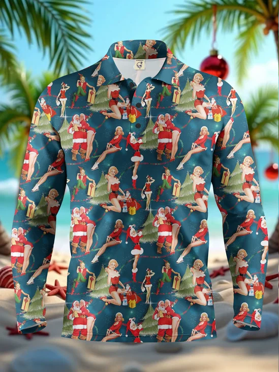 Moisture-Wicking Vintage Santa Claus Beauty Christmas Tree Long Sleeve Golf Polo