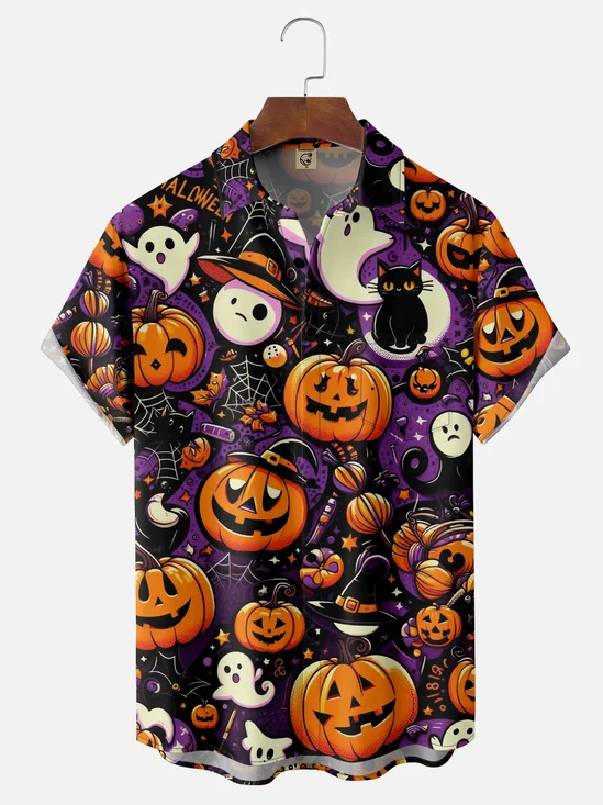 Moisture-wicking Halloween Ghost Pumpkin Chest Pocket Casual Shirt