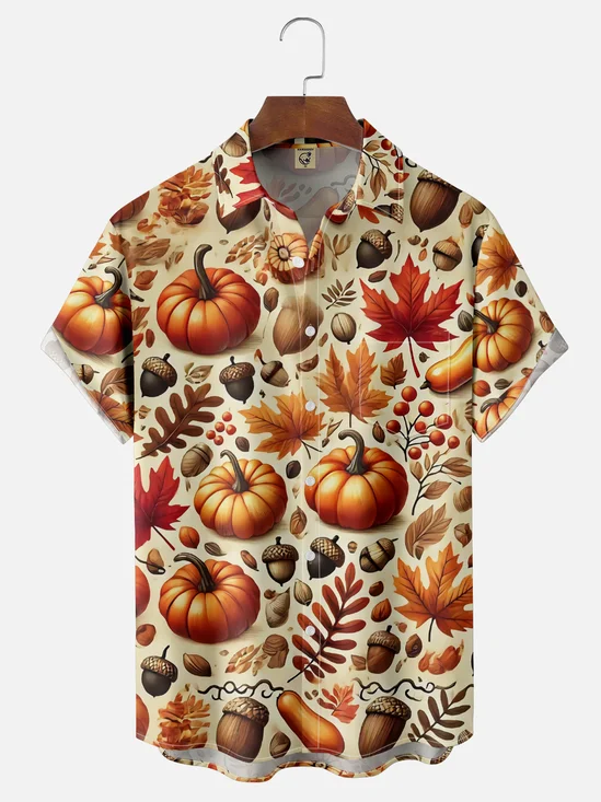 Moisture-wicking Thanksgiving Pumpkin Chest Pocket Casual Shirt