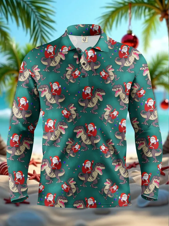 Moisture-Wicking Santa Dinosaur Long Sleeve Golf Polo