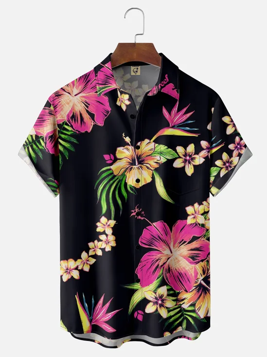 Moisture-wicking Floral Chest Pocket Hawaiian Shirt
