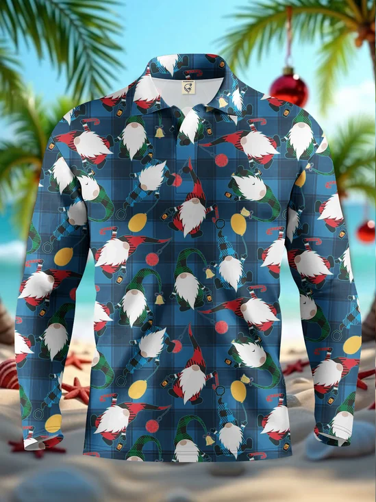 Moisture-Wicking Christmas Gnome Lights Plaid Long Sleeve Golf Polo