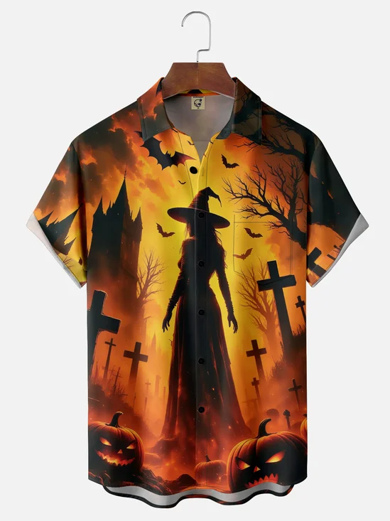 Moisture-wicking Halloween Witch Pumpkin Fun Chest Pocket Casual Shirt