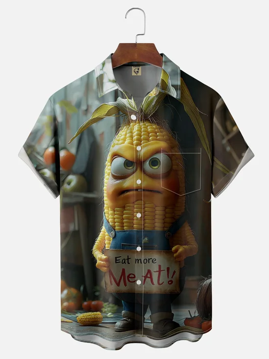 Moisture-wicking Fun Corn "EAT MORE ME AT" Chest Pocket Casual Shirt