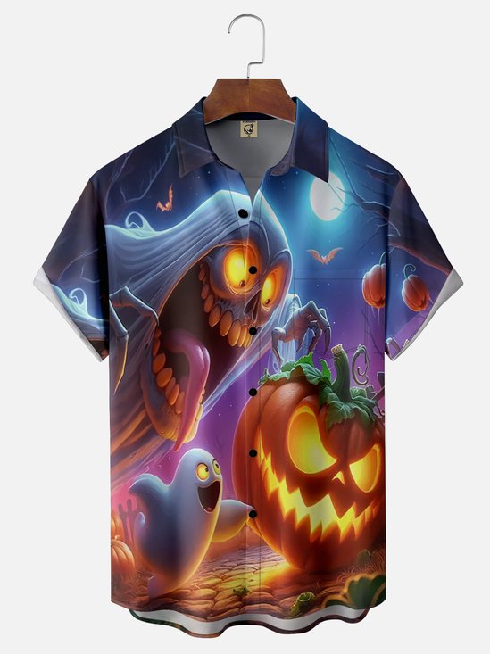 Moisture-Wicking Halloween Pumpkin Ghost Chest Pocket Hawaiian Shirt