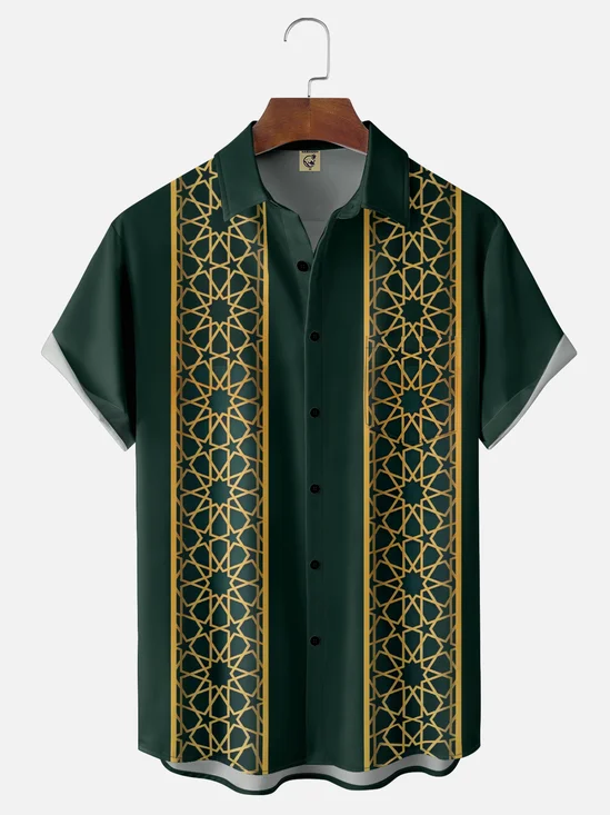 Moisture-Wicking Geometric Star Stripe Chest Pocket Bowling Shirt