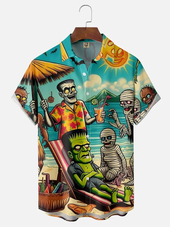 Moisture-Wicking Halloween Skull Chest Pocket Hawaiian Shirt