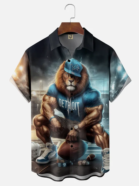 Moisture-wicking American Football Detroit Fun Art Lions Chest Pocket Casual Shirt
