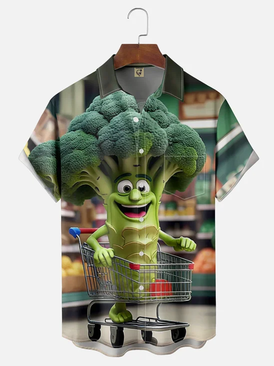 Moisture-wicking Fun Broccoli Shopping Chest Pocket Casual Shirt