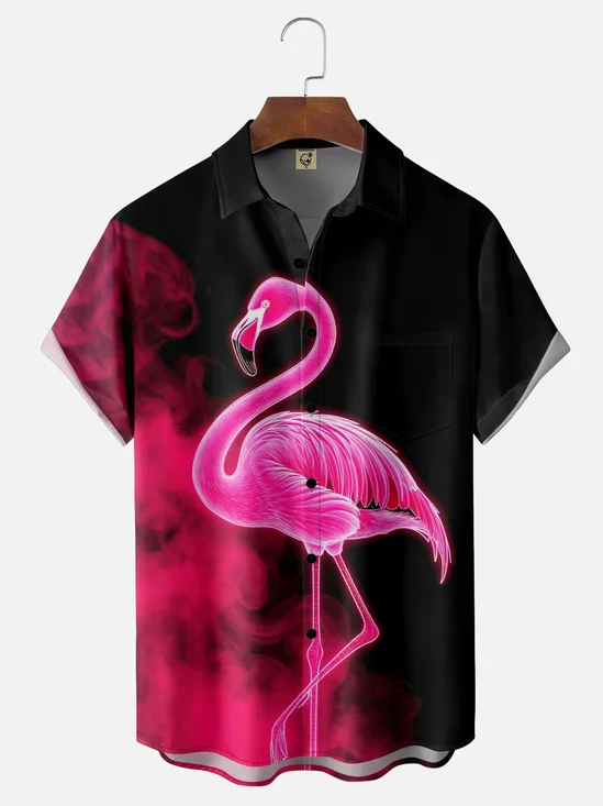 Moisture-Wicking Gradient Flamingo Chest Pocket Hawaiian Shirt