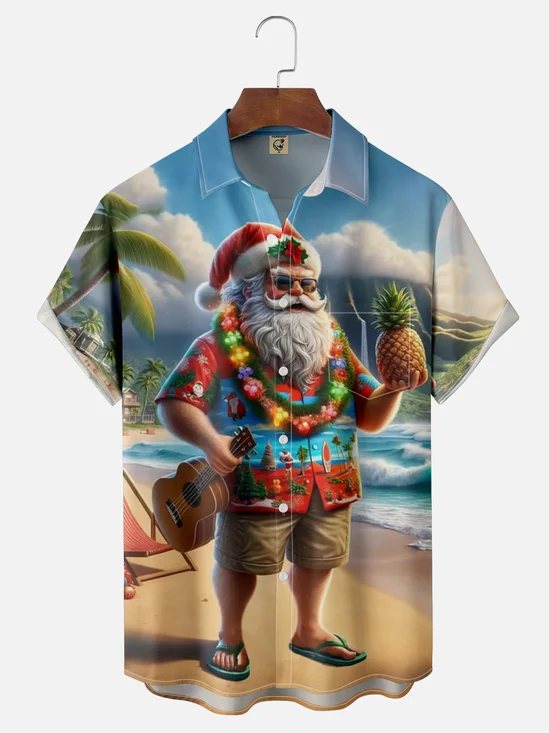 Moisture-Wicking Christmas Santa Chest Pocket Hawaiian Shirt