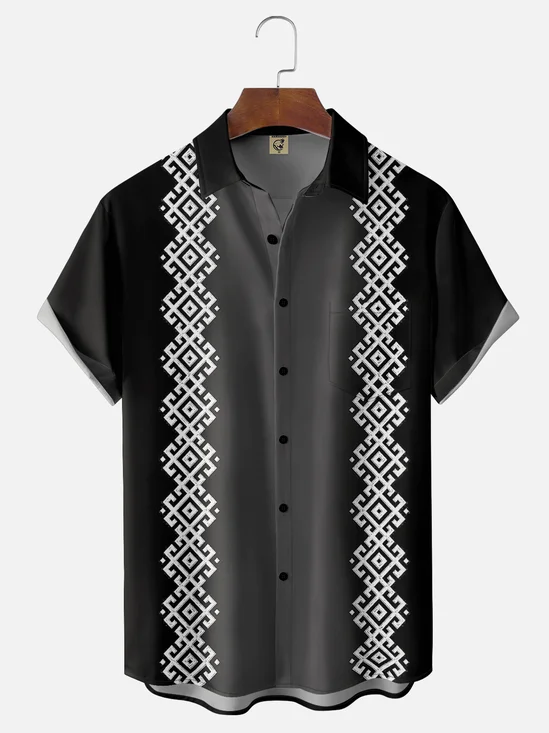Moisture-Wicking Geometric Stripe Chest Pocket Hawaiian Shirt