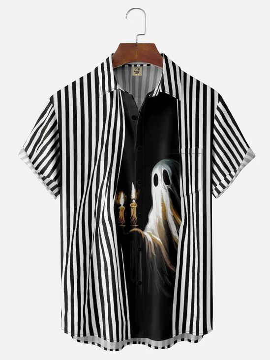 Moisture-Wicking Halloween Ghost Chest Pocket Hawaiian Shirt