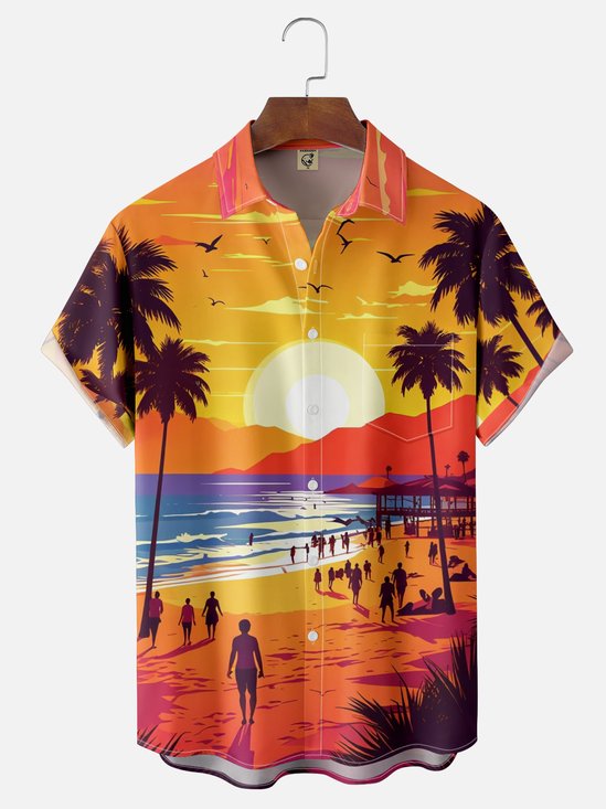 Moisture-wicking Sunset Beach Party Vacation Chest Pocket Hawaiian Shirt