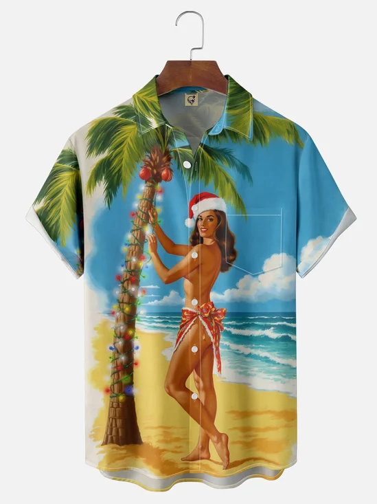 Moisture-Wicking Christmas Hawaiian Girl Chest Pocket Hawaiian Shirt
