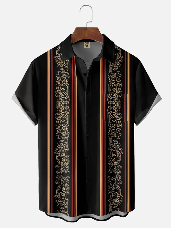 Moisture-Wicking Floral Stripe Chest Pocket Bowling Shirt