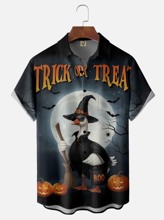 Moisture-Wicking Halloween Pumpkin Wizard Goose Chest Pocket Hawaiian Shirt