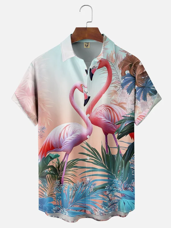 Moisture-Wicking Tropical Flamingo Chest Pocket Hawaiian Shirt