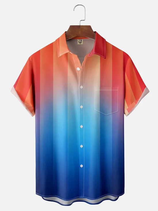 Moisture-Wicking Gradient Stripe Chest Pocket Hawaiian Shirt