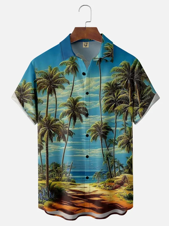 Moisture-Wicking Coconut Tree Ocean View Chest Pocket Hawaiian Shirt