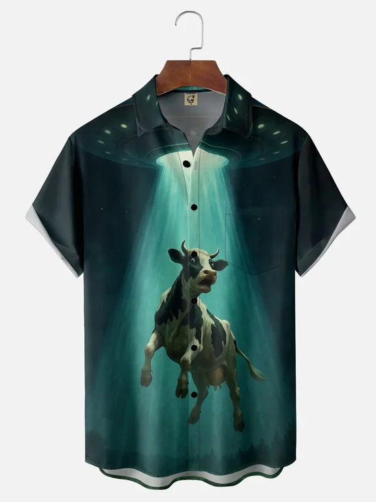 Moisture-wicking Funny Alien UFO Attacks Cows Chest Pocket Casual Shirt