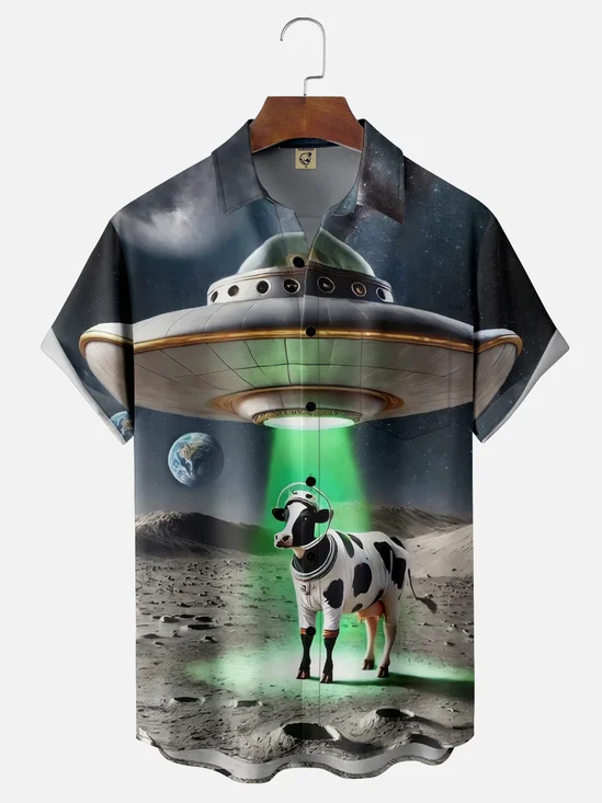Moisture-wicking Funny Alien UFO Cow Chest Pocket Casual Shirt