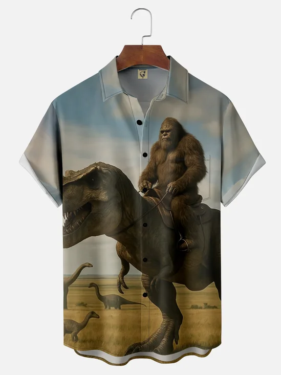 Moisture-wicking Bigfoot vs. Dinosaurs Fun Knight Jones Chest Pocket Hawaiian Shirt