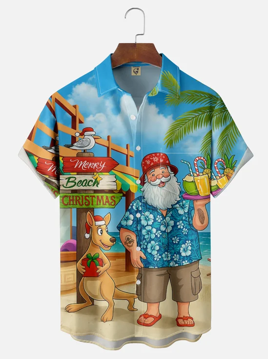 Moisture-Wicking Santa Vacation Chest Pocket Hawaiian Shirt
