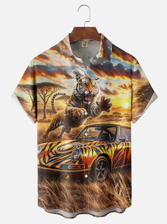 Moisture-Wicking Tiger Stripe Chest Pocket Hawaiian Shirt