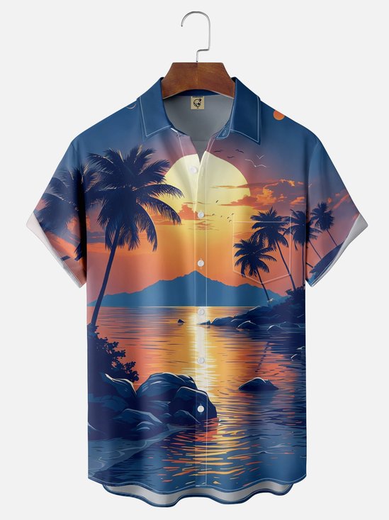 Moisture-wicking Sunset Beach Art Party Vacation Chest Pocket Hawaiian Shirt