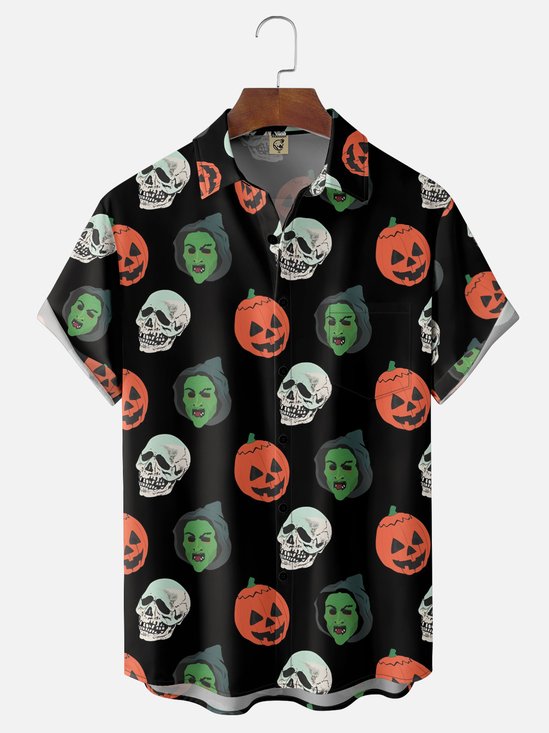 Moisture Wicking Halloween Pumpkin Ghost Skull Chest Pocket Hawaiian Shirt