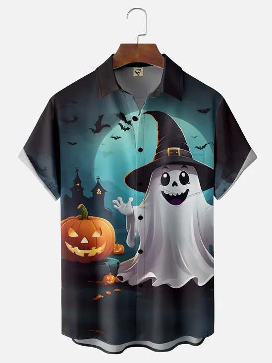Moisture-Wicking Fun Halloween Ghost Pumpkin Chest Pocket Hawaiian Shirt