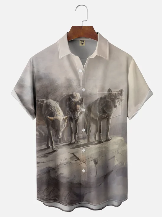 Hardaddy x Lazaro Illustration Moisture-wicking Art Wolf Pack Jones Chest Pocket Hawaiian Shirt