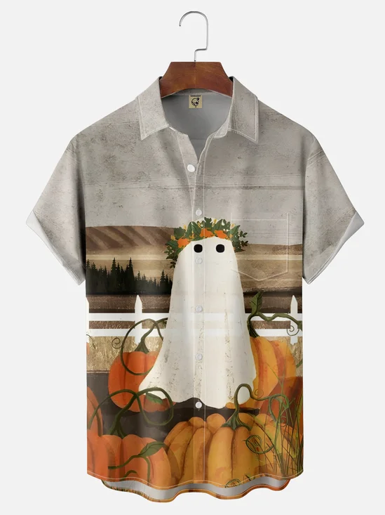 Moisture Wicking Halloween Ghost Pumpkin Abstract Art Chest Pocket Hawaiian Shirt