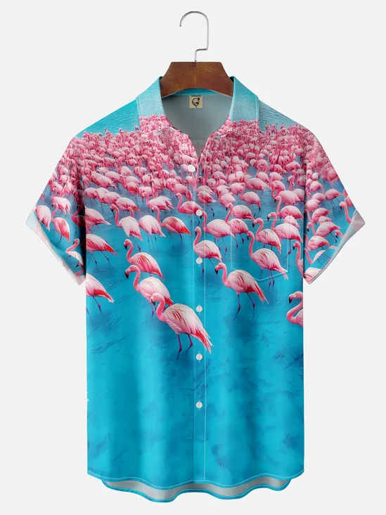 Moisture-Wicking Flamingo Chest Pocket Hawaiian Shirt