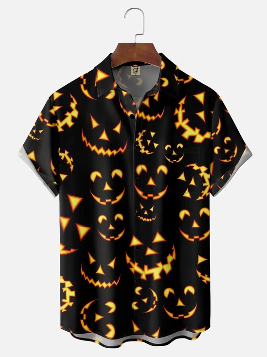 Moisture-Wicking Fun Halloween Pumpkin Chest Pocket Hawaiian Shirt