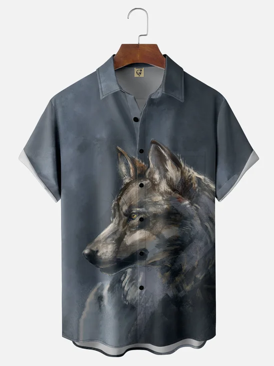 Hardaddy x Lazaro Illustration Moisture-wicking Art Wolf Painting Jones Chest Pocket Hawaiian Shirt
