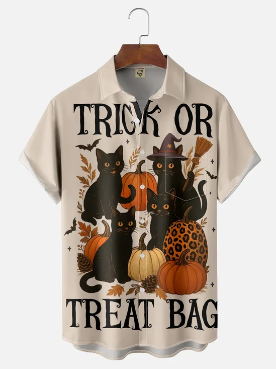 Moisture-Wicking Halloween Black Cat Pumpkin Chest Pocket Hawaiian Shirt