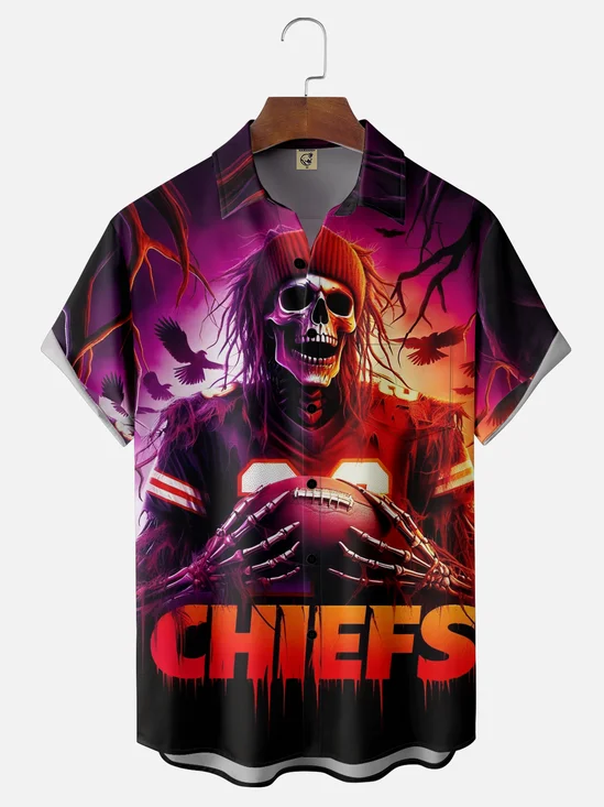 Moisture-Wicking Kansas City Chiefs Skull Chest Pocket Hawaiian Shirt