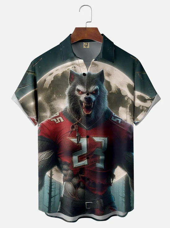 Moisture-Wicking Football Wolf Halloween Chest Pocket Hawaiian Shirt