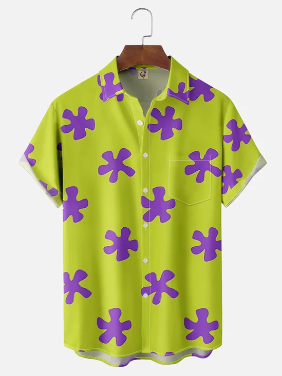 Moisture-Wicking Roleplay Patrick Star And SpongeBob Chest Pocket Hawaiian Shirt